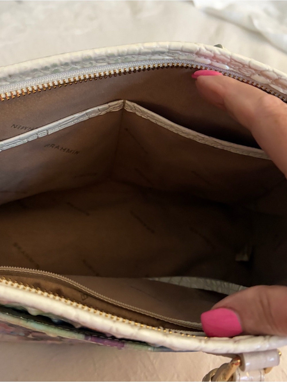 Brahmin White Croc-Embossed Tote with Multicolor Prism Ombre Melbourne Design - Picture 5 of 6